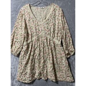Hint of Blush Shirt Womens Large Cream Floral Boho Babydoll Tunic V Neck Lace‎